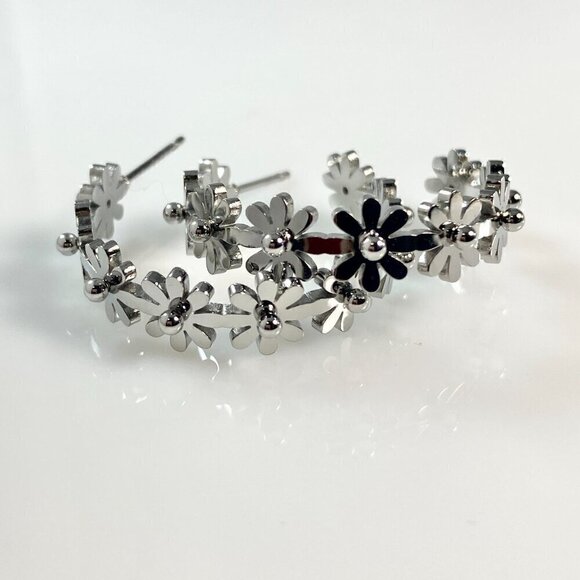 Daisy Chain Flower Stainless Steel Hoop Earrings - Picture 7 of 11